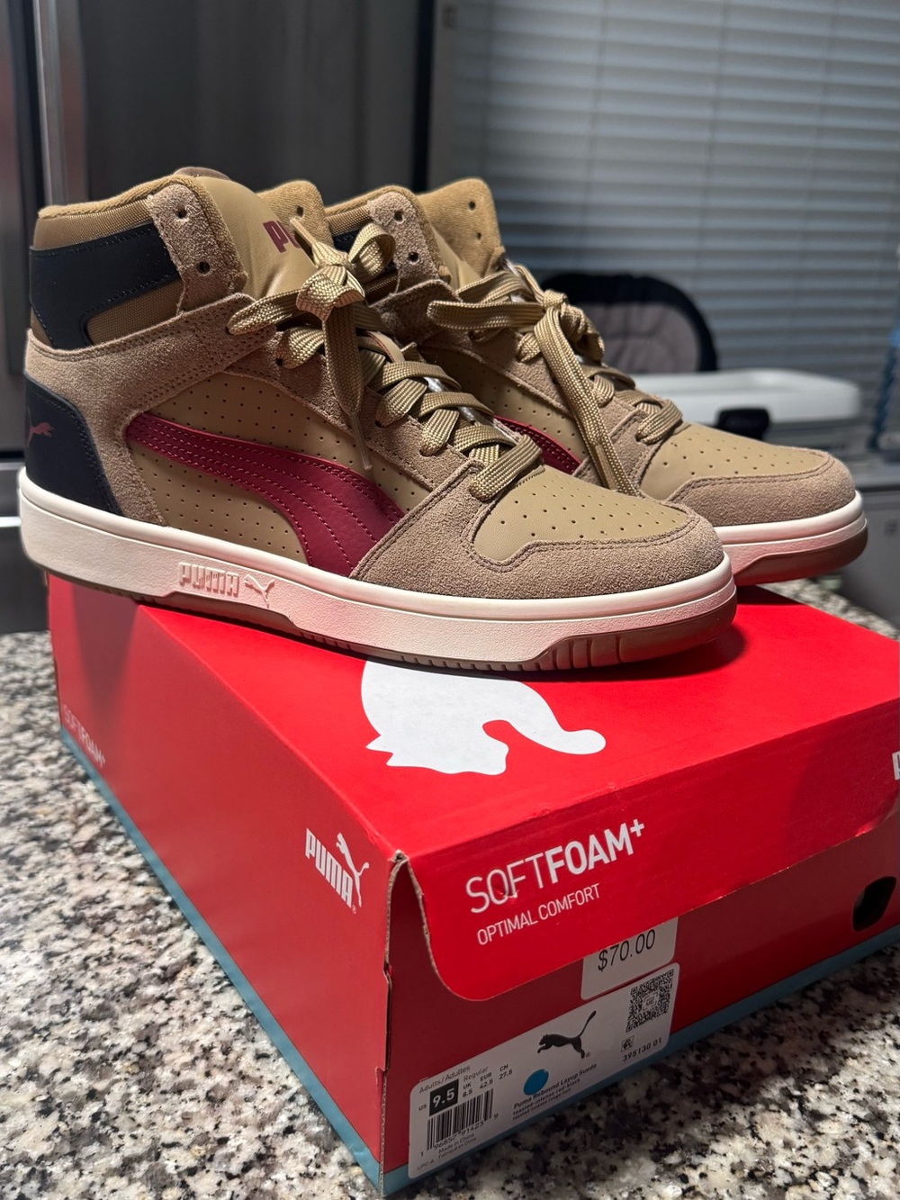New Puma Men's High-Top Athletic Sneakers in Tan and Burgundy with Black Accent